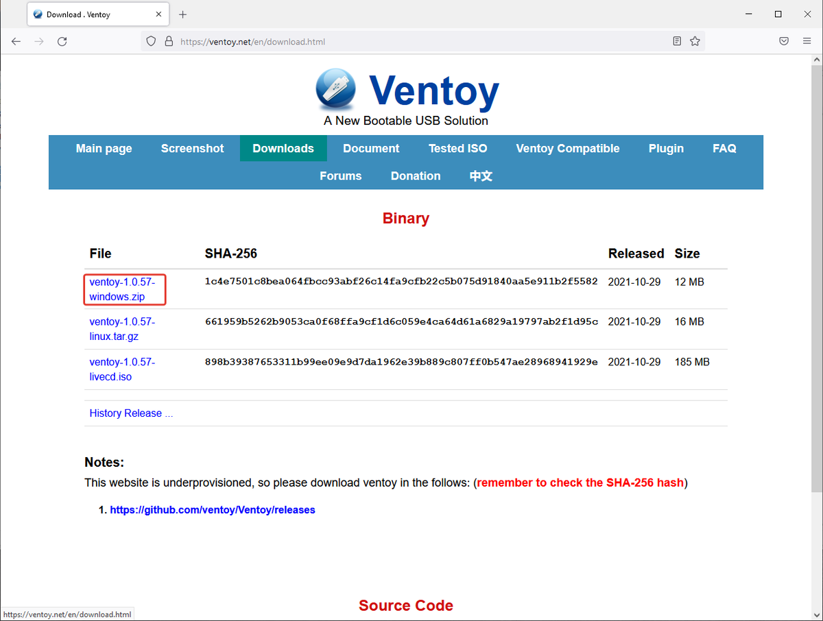 Страница загрузки программы Ventoy