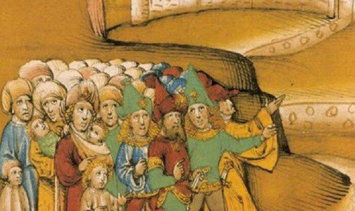 Цыгане,  средневековая миниатюра. Жёлтыми изображали на рисунке волосы  положительным персонажам. Согласно тексту, волосы у цыган были чёрные

