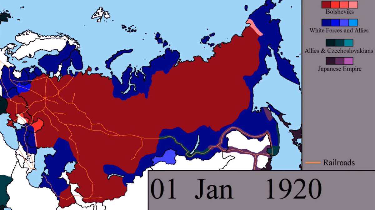 Ситуация на фронтах на начало 1920 года. Карта изобилует неточностями, но общее положение дел по ней понять можно.