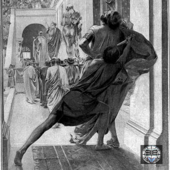 На иллюстрации Павсаний Орестский вонзает меч в Филиппа II во время игр в Аджае. 