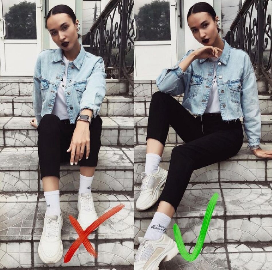 Здесь же лучше не сидеть прямо к камере а повернуться чучуть боком, поставить одну ногу на ступень выше, поставить локоть на колено и наклонить голову в право.