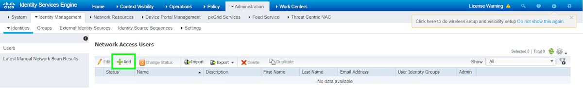 Рисунок 1. Добавление локального пользователя в Cisco ISE