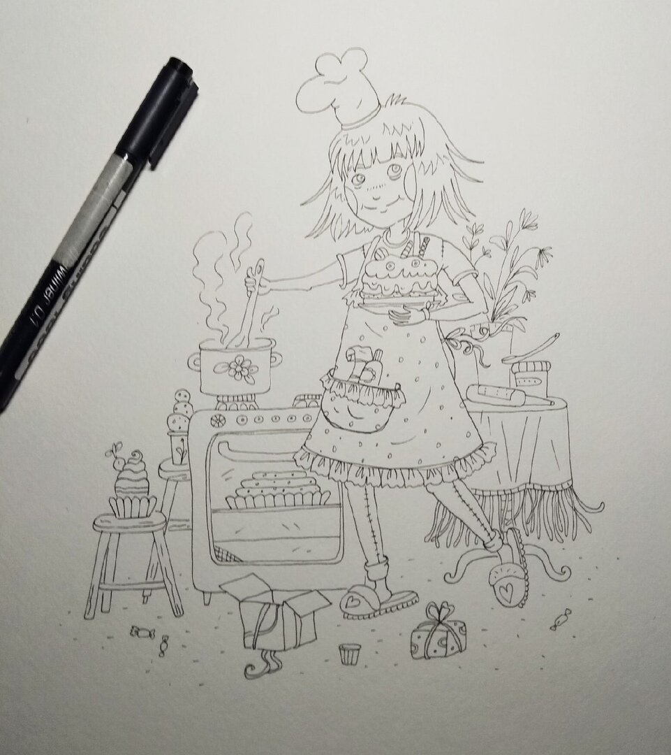 Процесс: обвожу карандаш черным водостойким линером