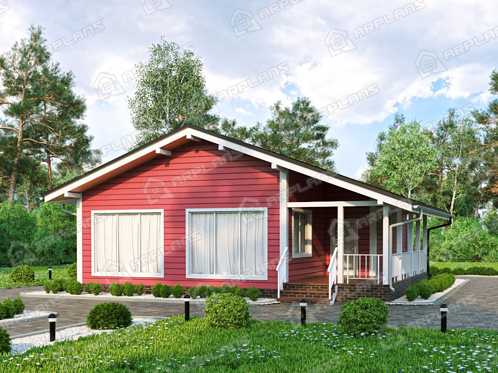 Фото 1 одноэтажного каркасного дома с 2 спальнями, газовой котельной и террасой. 70 кв м. Источник arplans.ru Проект И-072