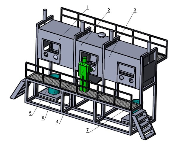 Рис. Тележка с вращающейся план-шайбой перемещается пр рэйлгангу, который проходит через все боксы дробеструйного комплекса
