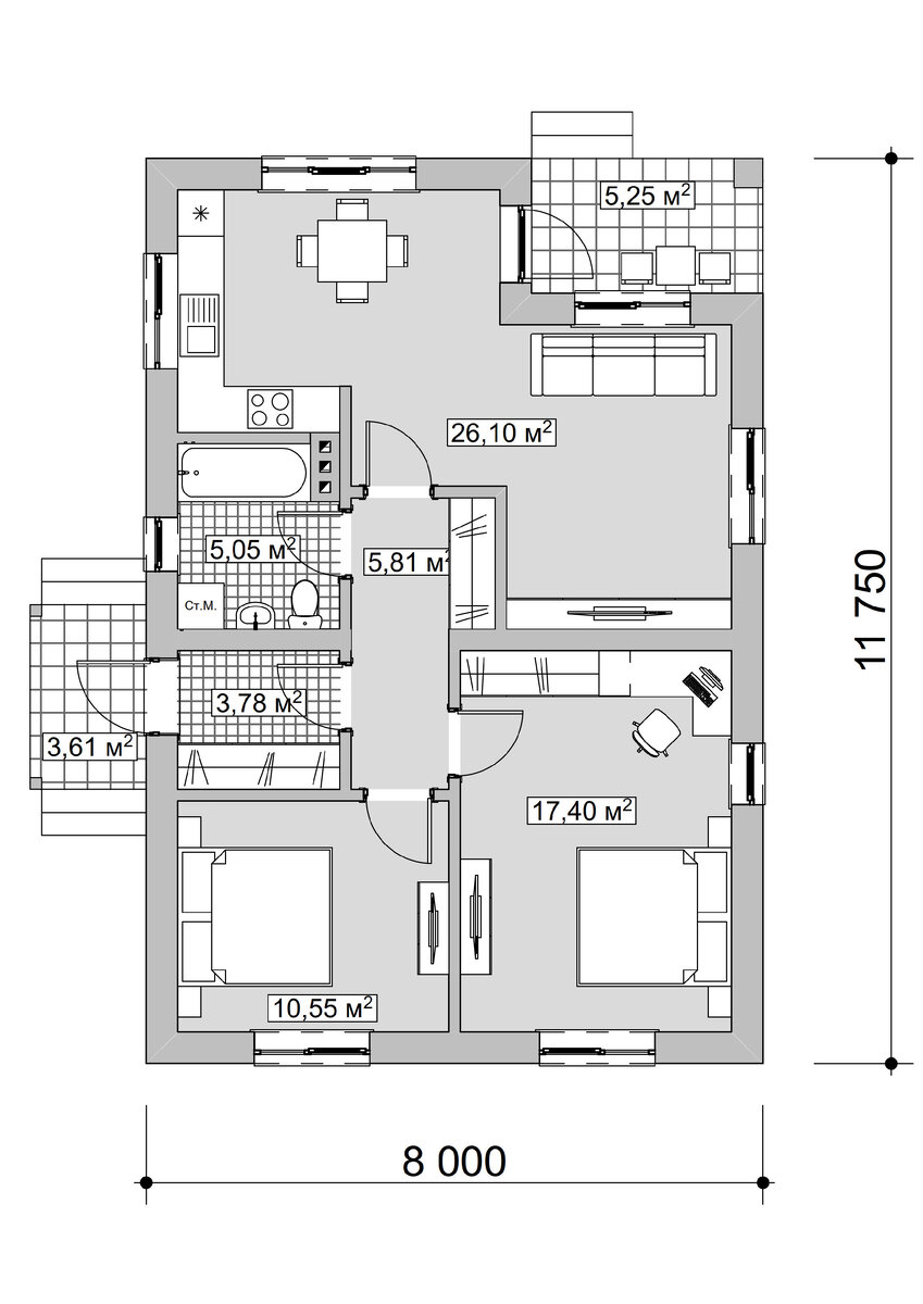 Общая площадь помещений дома - 74 кв.м.