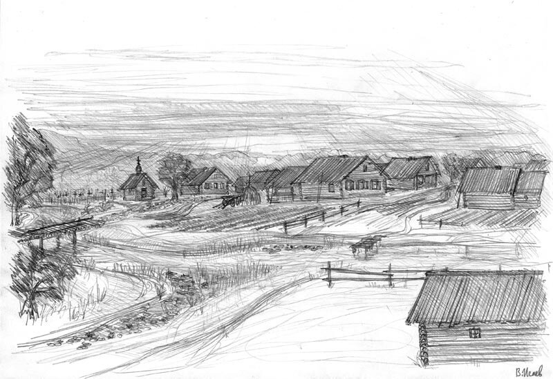 Деревня Купчино начала XX в. Рисунок Владимира Исаева