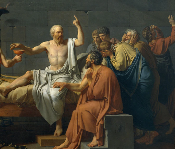 Сократ был казнен в 399 году до н.э. за проявление непочтения к богам, изображенное здесь в "Смерти Сократа".