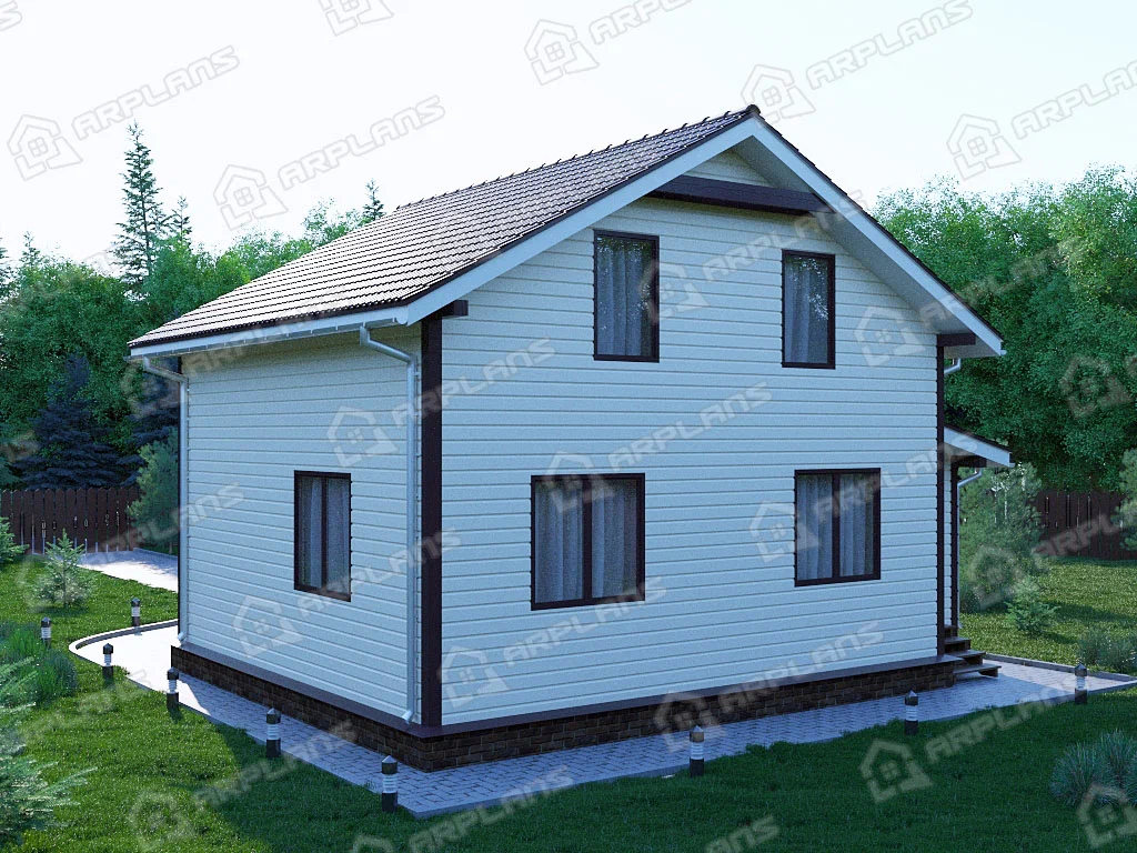 Фото 2 двухэтажного каркасного дома с мансардой, 3 спальнями, балконом и террасой. Общая площадь 107 кв м. Источник arplans.ru Проект И-024 