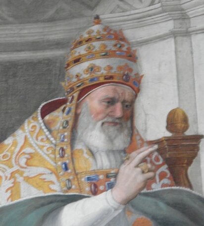 Detail from fresco of Pope Gregory IX approving the Decretals, 1511, Fresco Stanza della Segnatura, Palazzi Pontifici, Vatican, Vatican City State. Pope Julius II as Gregory IX