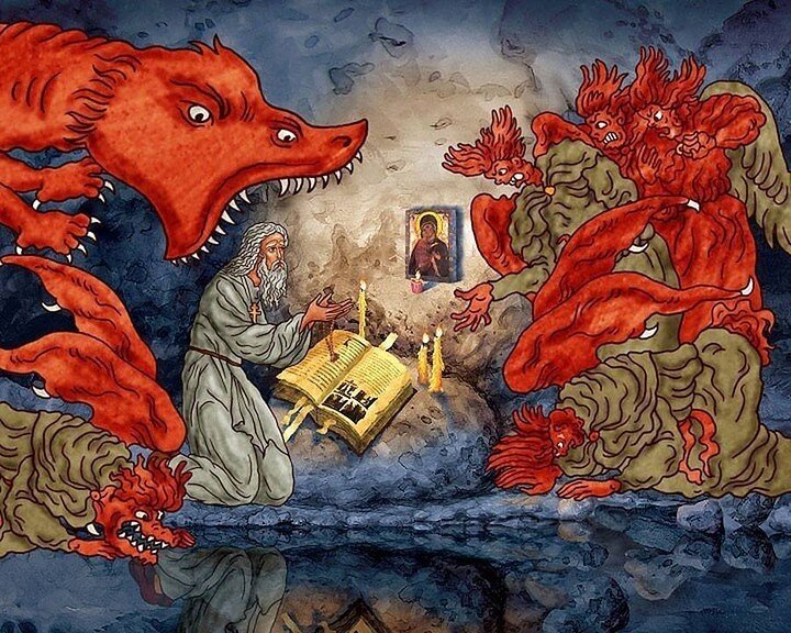 Иллюстрация, как бесы (страсти) нападают на человека. 