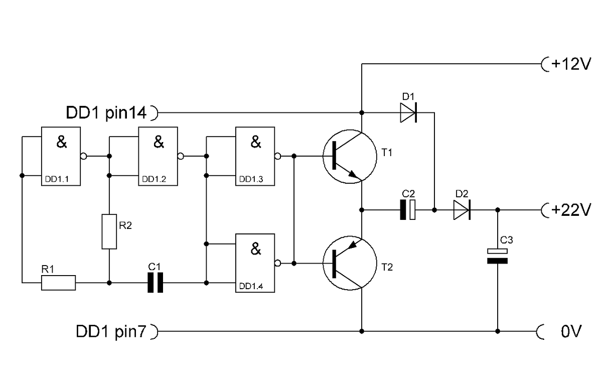 Электрическая схема повышающего преобразователя напряжения.