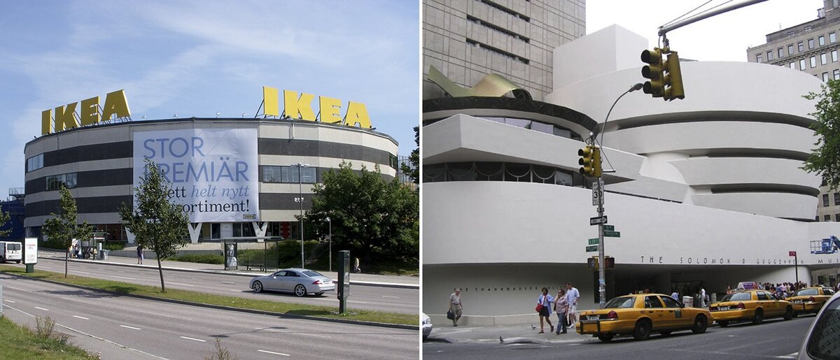 Слева — магазин IKEA в Стокгольме, справа — музей Гуггенхайма в Нью-Йорке (Фото: Wikimedia Commons / Holger.Ellgaard, Finlay McWalter)