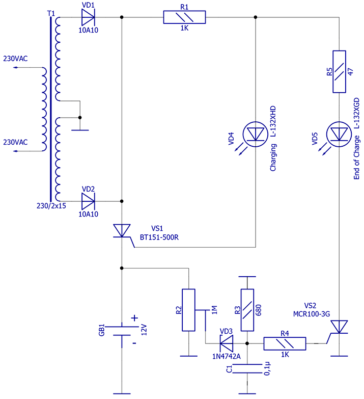 Схема устройства зарядного устройства на тиристорах