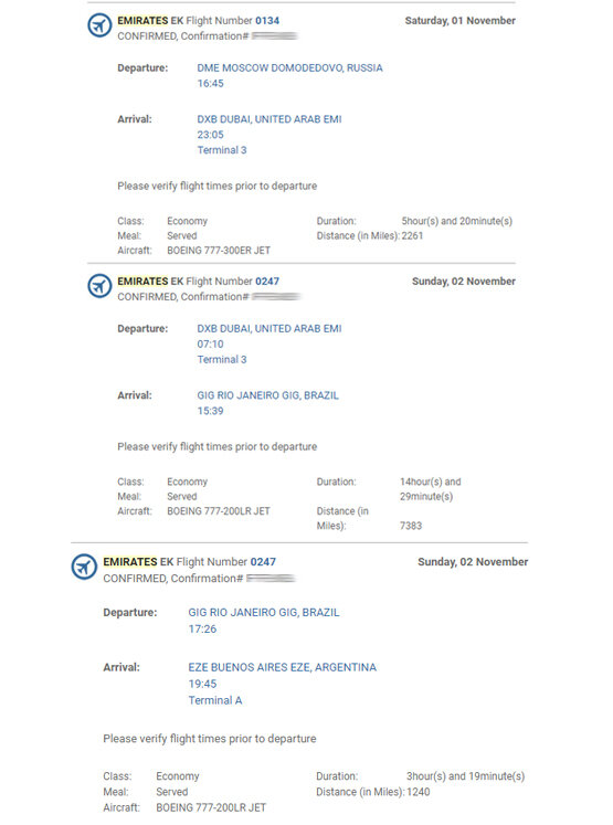 Это 5 часов 20 минут на полет Москва – Дубай, пересадка длинною в ночь, далее Дубай – Рио 14 часов 30 минут, дозаправка 2 часа и уже потом вылет в Буэнос -Айрес полетное время 3 часа 20 минут.  Итого, время в воздухе составило - 23 часа.