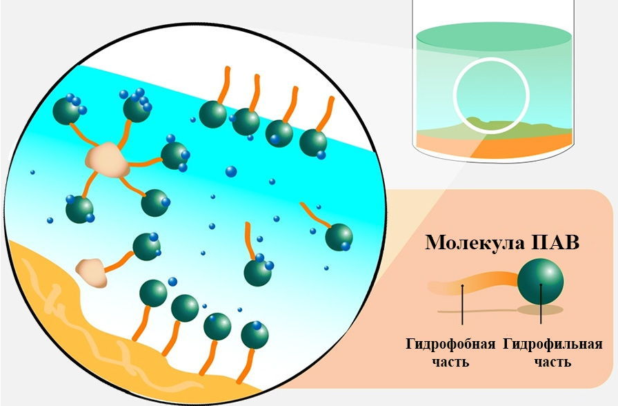 Иллюстрация молекулы ПАВ и то, как она агрегируется (слипается) в мицеллу (слева).