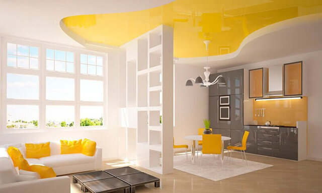 Желтый потолок – это смелое решение, не такое, как у всех. Если вы хотите создать креативный интерьер, то наверняка достигните цели! 