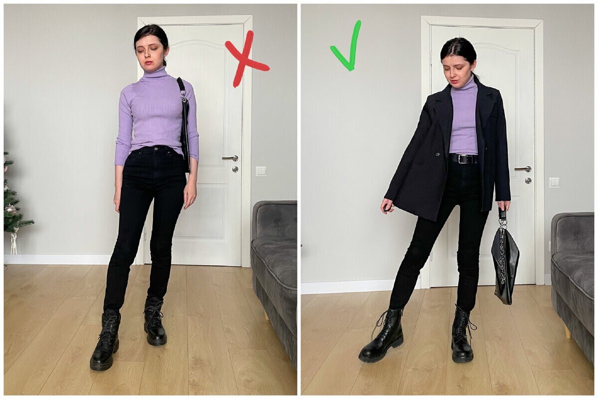 Скинни с обтягивающим верхом — довольно скучное и устаревшее сочетание, но стоит добавить объемный пиджак, и образ становится гармоничнее