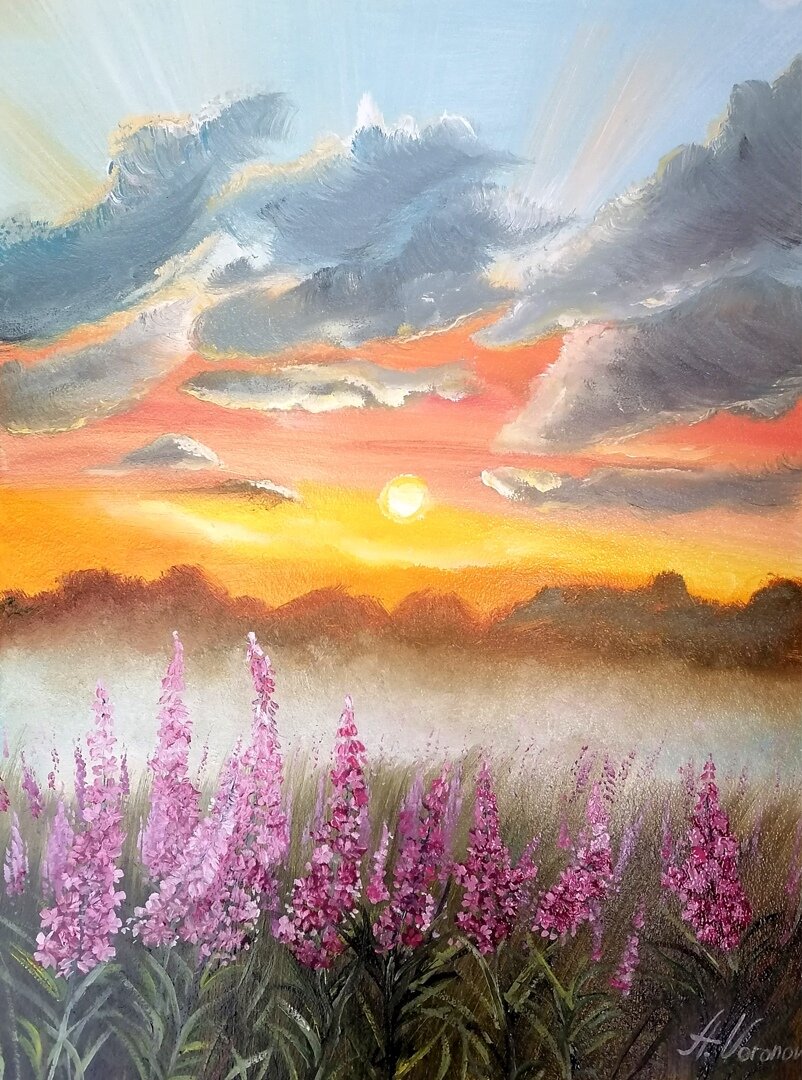 "Вечерняя заря." 35*45. Грунтованный картон. Масло. -6000 руб. Не оформлена (возможна  доставка почтой из Бурятии).