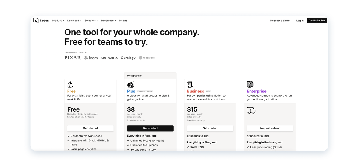 Тарифы Notion, актуальны на 2023 год. 