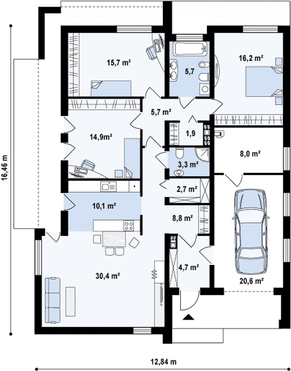 Четырехкомнатный одноэтажный дом 12,8 х 16,5 м., с гаражом, общей площадью 149 кв.м.