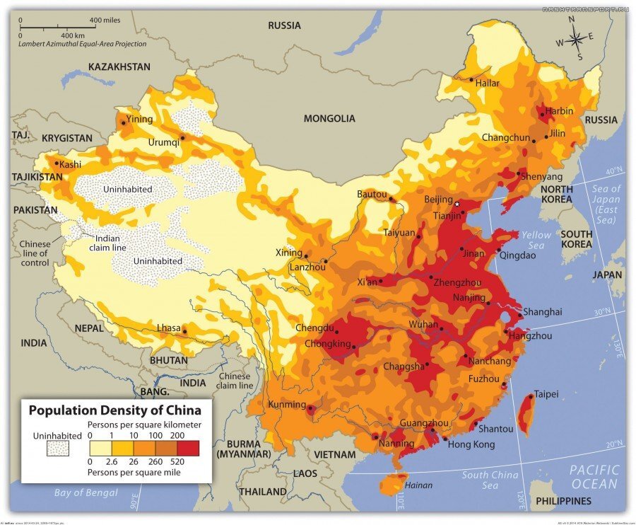 Плотность населения Китая: сколько жителей на квадратный километр. Чем светлее - тем меньше.