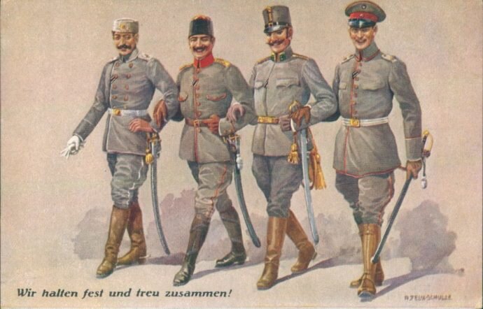 Пропагандистская открытка Германии. Первая мировая война. Офицеры союзных войск (немец, австриец, турок,  болгарин) . На открытке надпись: «Мы держимся верно и крепко вместе»
