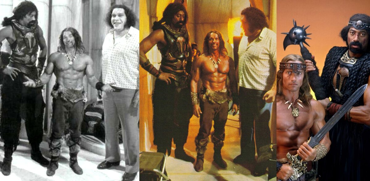 Арнольд Шварценеггер на съемках фильма вместе с Уилтом Чемберленом (баскетболист) и Андре Рене Русимовым (рестлер)