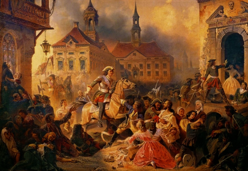 Петр I усмиряет ожесточенных солдат при взятии Нарвы в 1704 году (Зауэрвейд Н., 1859 г.).