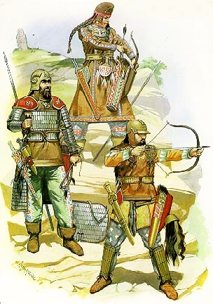 Скифские воины. Женщины Скифии также участвовали в войнах. Это говорит не только о пережитках матриархата в обществе скифов, но и о высоком положении женщин