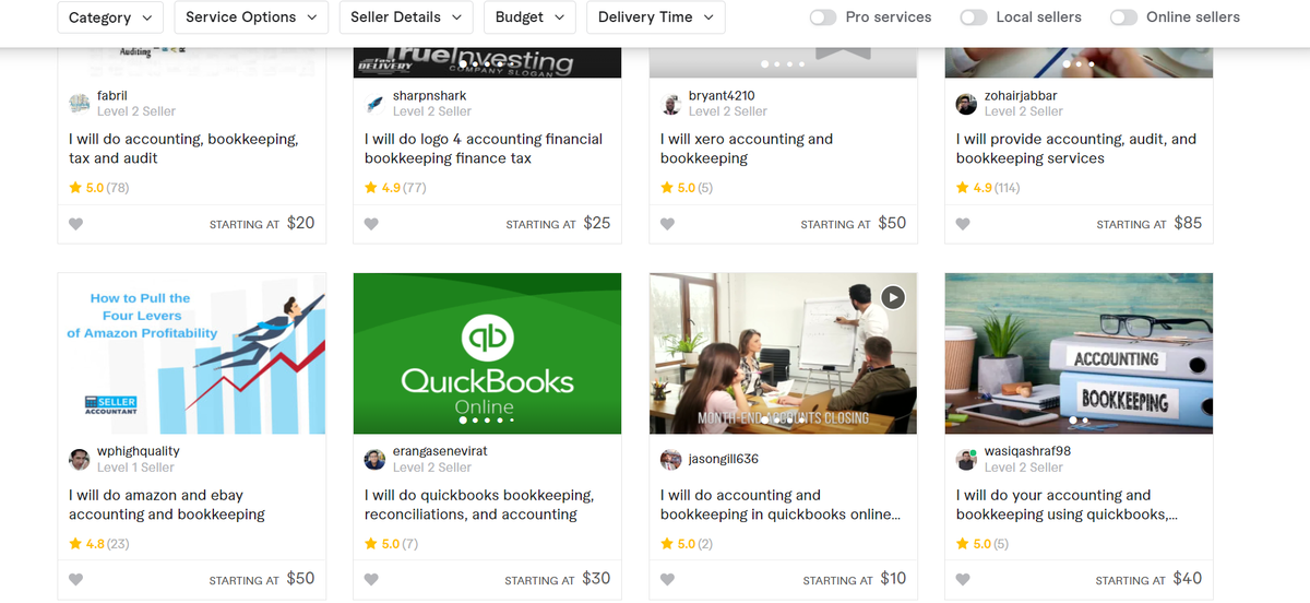 Скриншот с сайта Fiverr.com  с запросом bookkeeping