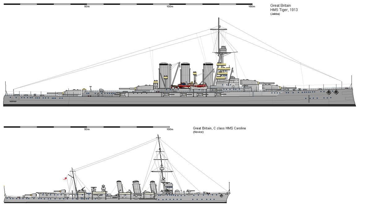  Британские линейный крейсер "Тайгер" и легкий крейсер "Каролина" в одном масштабе. Корабли почти одногодки.