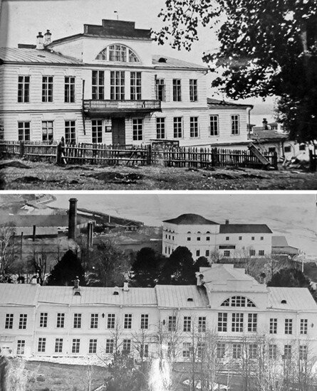 На верхнем фото - не сохранившееся здание особняка. На нижнем фото - та самая труба и единственное выжившее ныне здание завода