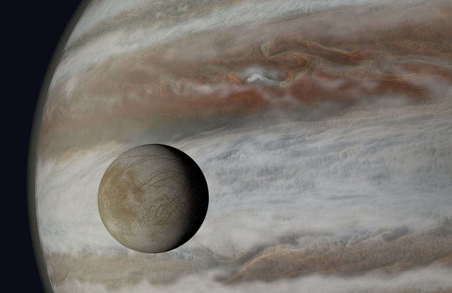 (Фото Европы на фоне Юпитера - НАСА).