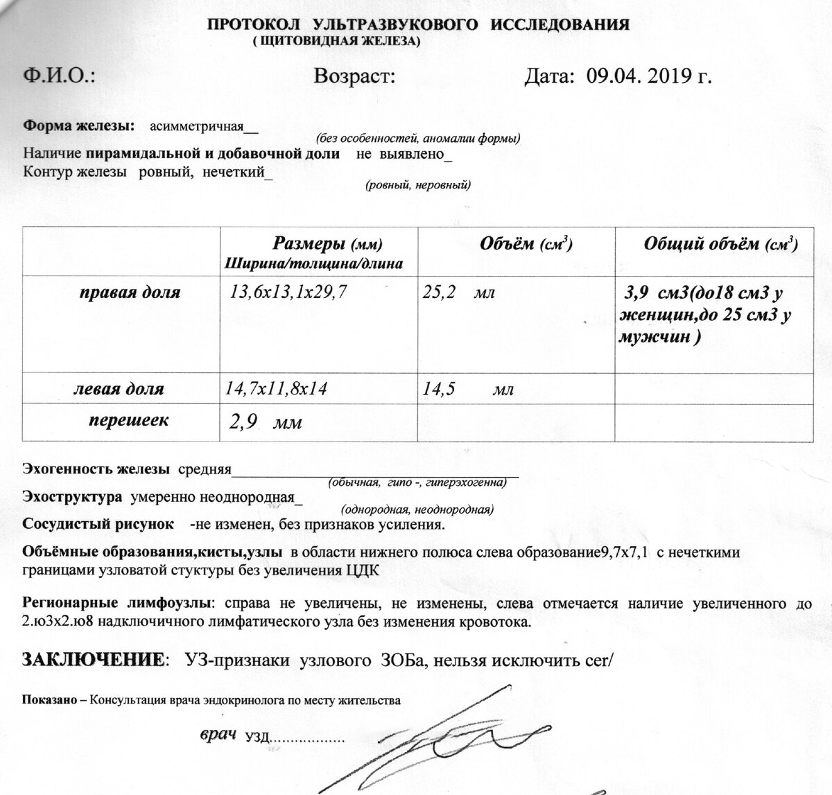Протоколы узи щитовидной железы образцы