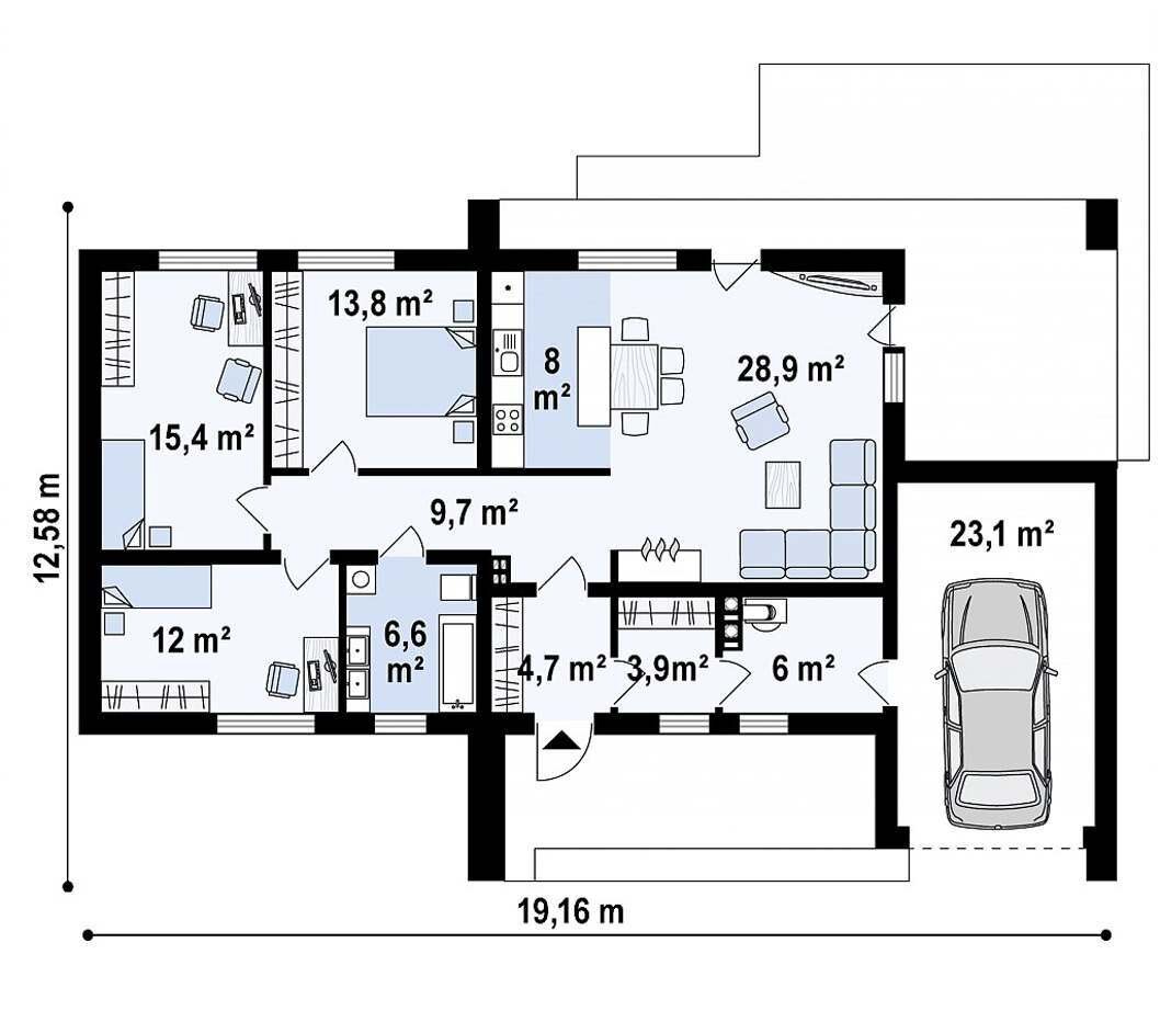 Одноэтажный дом 13х19 м., с гаражом, общей площадью 132 кв.м.