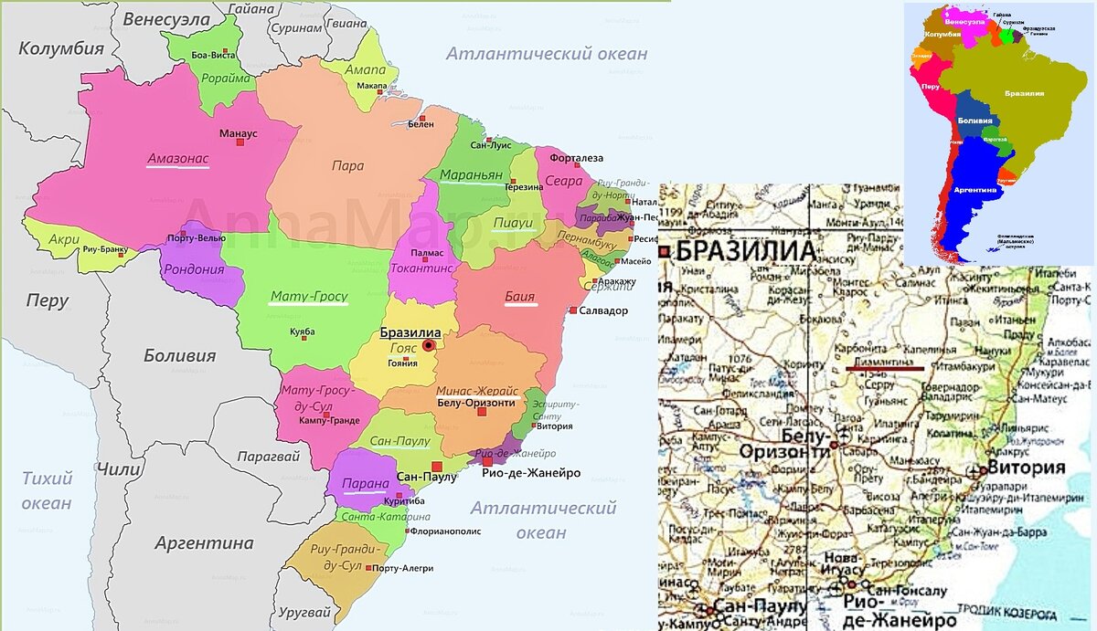 Бразильские штаты  с известными в настоящее время богатыми  (подчеркнуто толстой белой чертой) и менее богатыми (подчеркнуто бледно-голубой чертой потоньше) месторождениями алмазов.