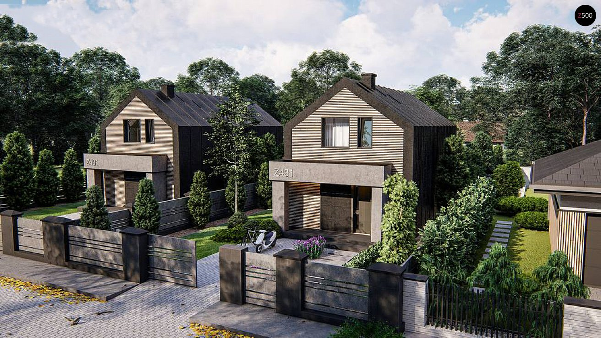 Дизайн узкого участка с домом и гаражом