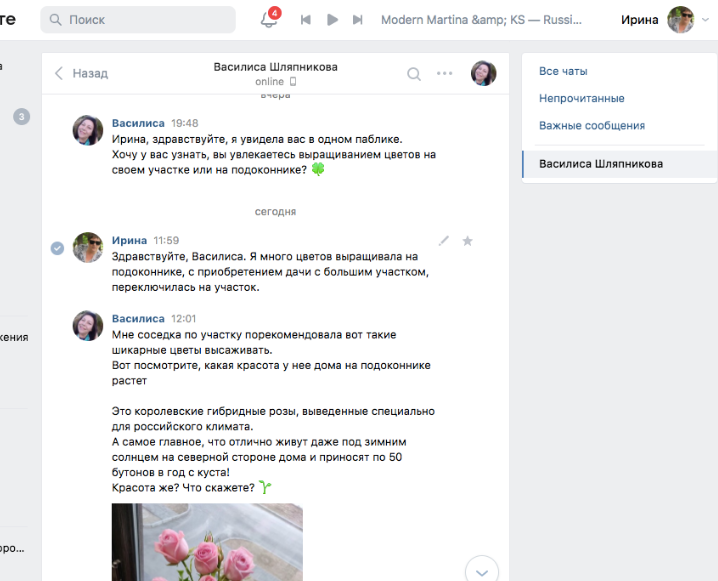 Скриншот моей страницы в ВКонтакте с перепиской с мошенницей