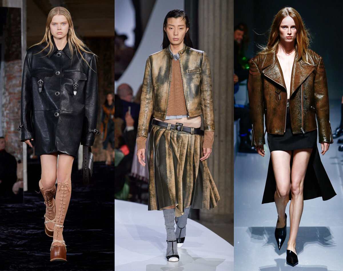 Брутальность кожаной куртки легко можно разбавить минималистичным образом с джинсами или легким летним мини-платьем. Показы Acne Studios, Miu Miu и Prada весна-лето 2022 –  вдохновение. 