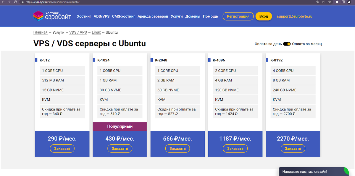 Тарифы VPS Ubuntu в Евробайт.