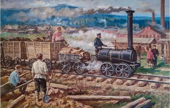 "Первый русский паровоз". Художник И.А. Владимиров. 1929 (оригинал: Центральный музей железнодорожного транспорта Российской Федерации. Санк-Петербург)