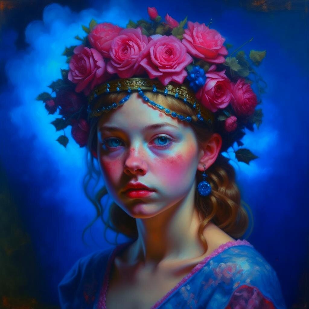 a painting of a girl in tiara and roses, in the style of emotional naturalism, detailed costumes, dark sky-blue and pink, mechanical realism, western-style portraits, i can't believe how beautiful this is, ephemeral patterns