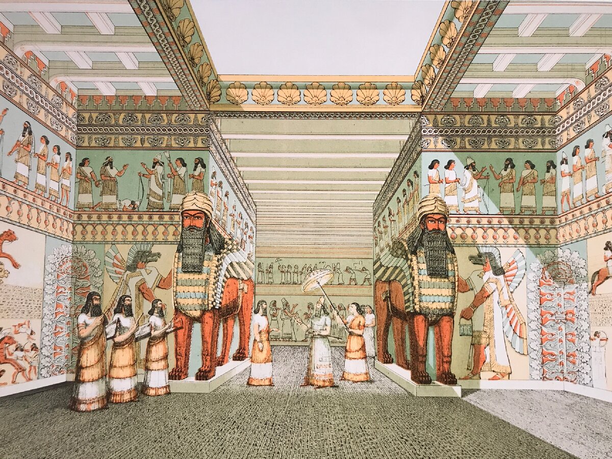 Реконструкция тронного зала во дворце Ашшурнацирапала II, сделанная его первооткрывателем Остином Генри  Лэйардом