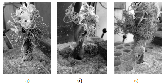 а) стандартным сверлом, б) СДЗ тип 1, в) СДЗ тип 2 (V=7,5 м/мин, S=0,2 мм/об)