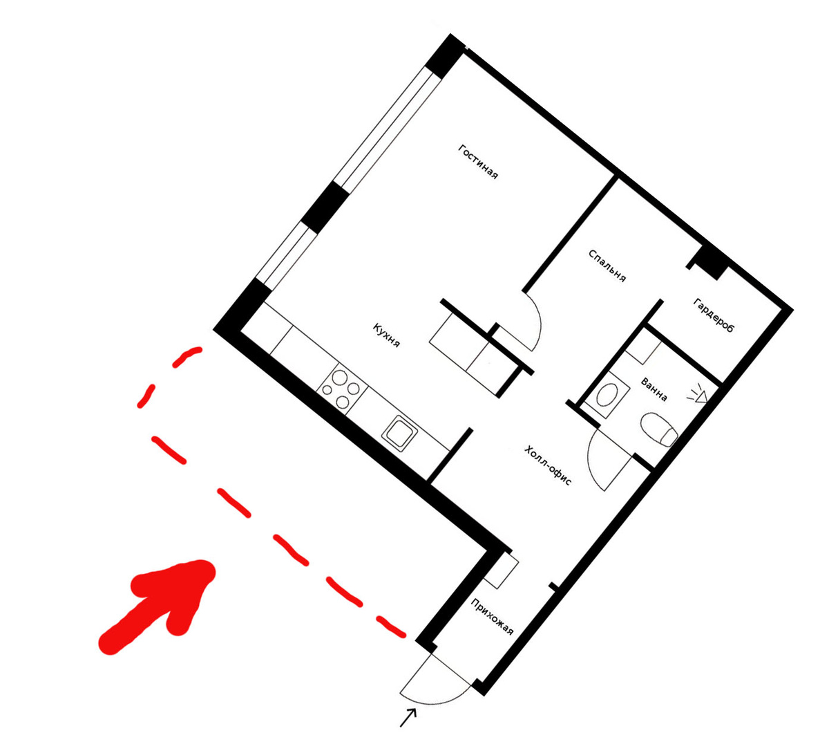 Красным пунктиром обозначен тот самый отсутствующий сектор квартиры