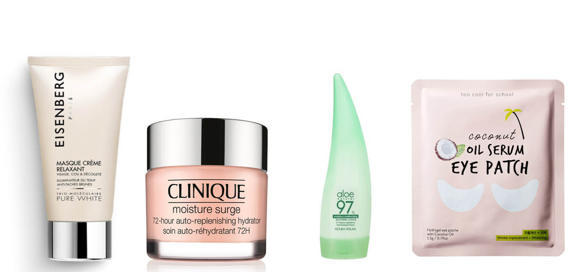 Крем-маска Pure White EISENBERG для релаксации и увлажнения немного осветляет, убирает пигментацию. Гель для лица CLINIQUE интенсивно увлажняет, подходит даже жирной коже, а для сухой это просто спасение. Лосьон HOLIKA HOLIKA увлажняет и лицо, и тело, состоит из алое на 97%. И наконец-то в Россию привезли мои любимые тканевые патчи с кокосом Too Cool for school !