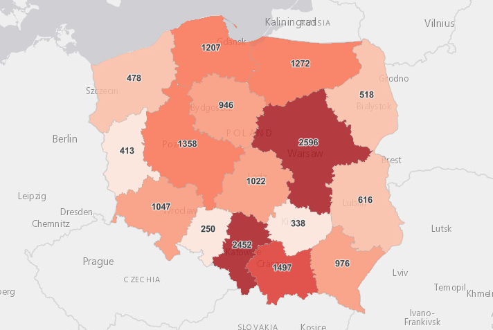 Карта заражений в Польше на 10.03.2021