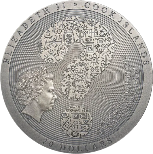 На аверсе монеты расположено: в центре изображен знак вопроса
слева внизу портрет Ее Величества Королевы Елизаветы II
под ним знак автора монетного проекта "IRB"
справа внизу указано название серии "ARCHAEOLOGY & SYMBOLISM"
по кругу надписи:
- «ELIZABETH II» - имя королевы
- «COOK ISLANDS» - страна-эмитент
- «20 DOLLARS» - номинальная стоимость