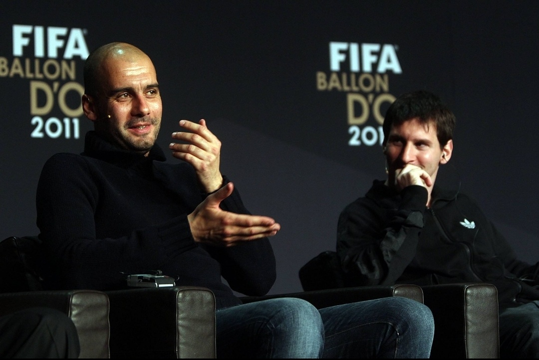 Гвардиола и Месси на церемонии вручения Золотого мяча в Цюрихе в 2012 году